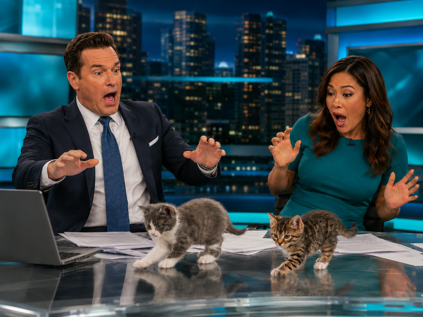 Deux chatons sur le bureau d'un plateau de journal télévisé face à des présentateurs stupéfaits
